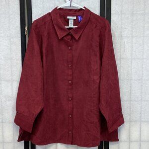 Catherines Plus Size 3XWP Maroon Suede Button Front Collared Long Sleeve Blouse